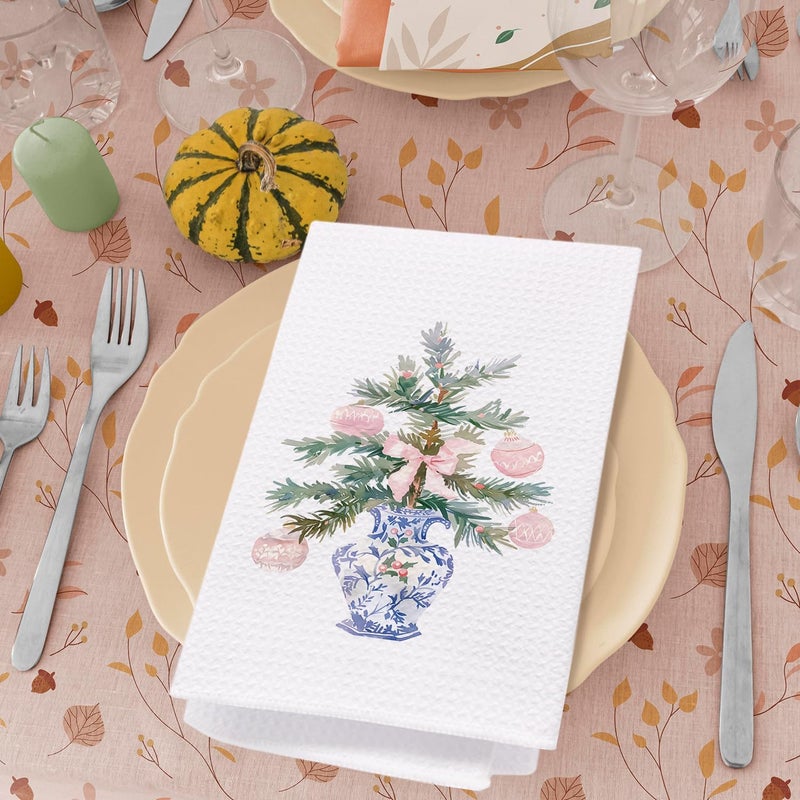 SPBL&L Chinoiserie Christmas Kitchen & Bath Towels, Pink Bow & Blue/White Dish Towels, 16x24 Inch - Image 4